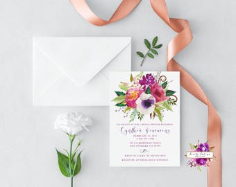 Spring Bridal Shower - Bridal Shower Invitation - Purple and Pink Watercolor - Pink and Purple Flowers - Digital Printable Invitation