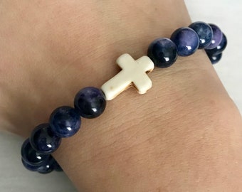 Hematite Blue Cream Cross Beaded Bracelet