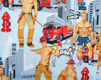 Firemen Fabric, Ready for Action, Alexander Henry, Pin Up Men, Firemen Hunks, Over Sized, 34" by 44", Cotton Fabric