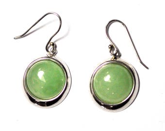 Sterling Silver Round Green Jade Dangle Earrings 1 1/4"