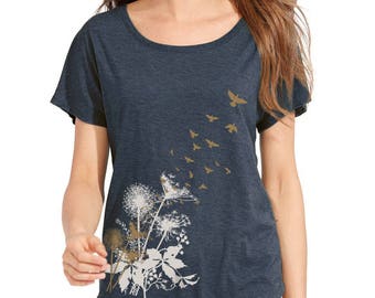 Dandelions T-Shirt, Birds in Flight, Dolman sleeve, relaxed t-shirt, Gift for Her, Art T-shirt