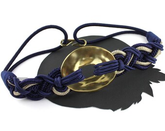Navy Blue & Gold Metalic Braided Rope Elastic Vintage Belt - size medium