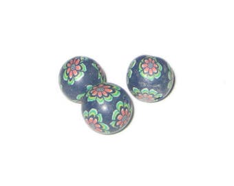 14mm Dark Blue Floral Polymer Clay Bead, 10 beads