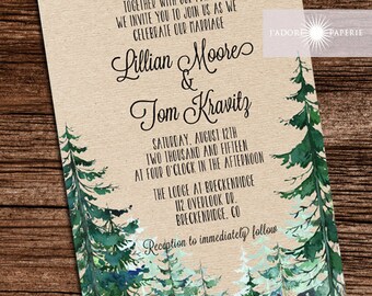 Forest Wedding Invitation, Rustic Watercolor Tree Invite, Outdoor Wedding, Mountain, Pine Tree Invite, Rustic Wedding, Kraft, jadorepaperie