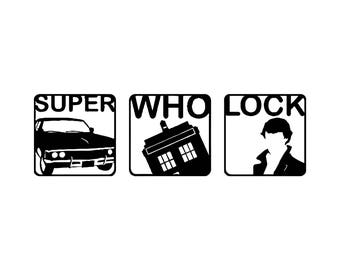 Super Who Lock Car Vinyl Decal - Supernatural, Doctor Who and Sherlock Holmes - for the nerd in all of us! Great gift for her and him