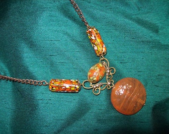 Handmade Vintage Millefiori & Glass Beads on Bronze Necklace OOAK orange