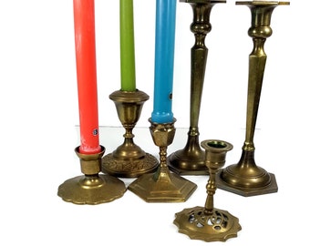 Vintage BRASS CANDLESTICK HOLDERS 6 Antique Brass Candleholders Set Asian Boho Decor Candle Holders