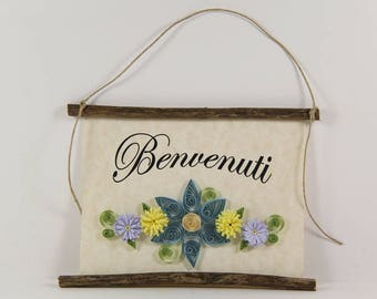 Benvenuti, Italian Welcome, Paper Quilled Welcome Sign, 3D Paper Quilled Banner, Blue Yellow Purple Decor, Italy Gift, Italian Welcome Sign