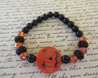 Stretchy Halloween Pumpkin Jack O Lantern Beaded Bracelet