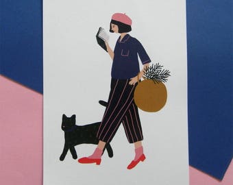 Reading with the cat printed artwork A5