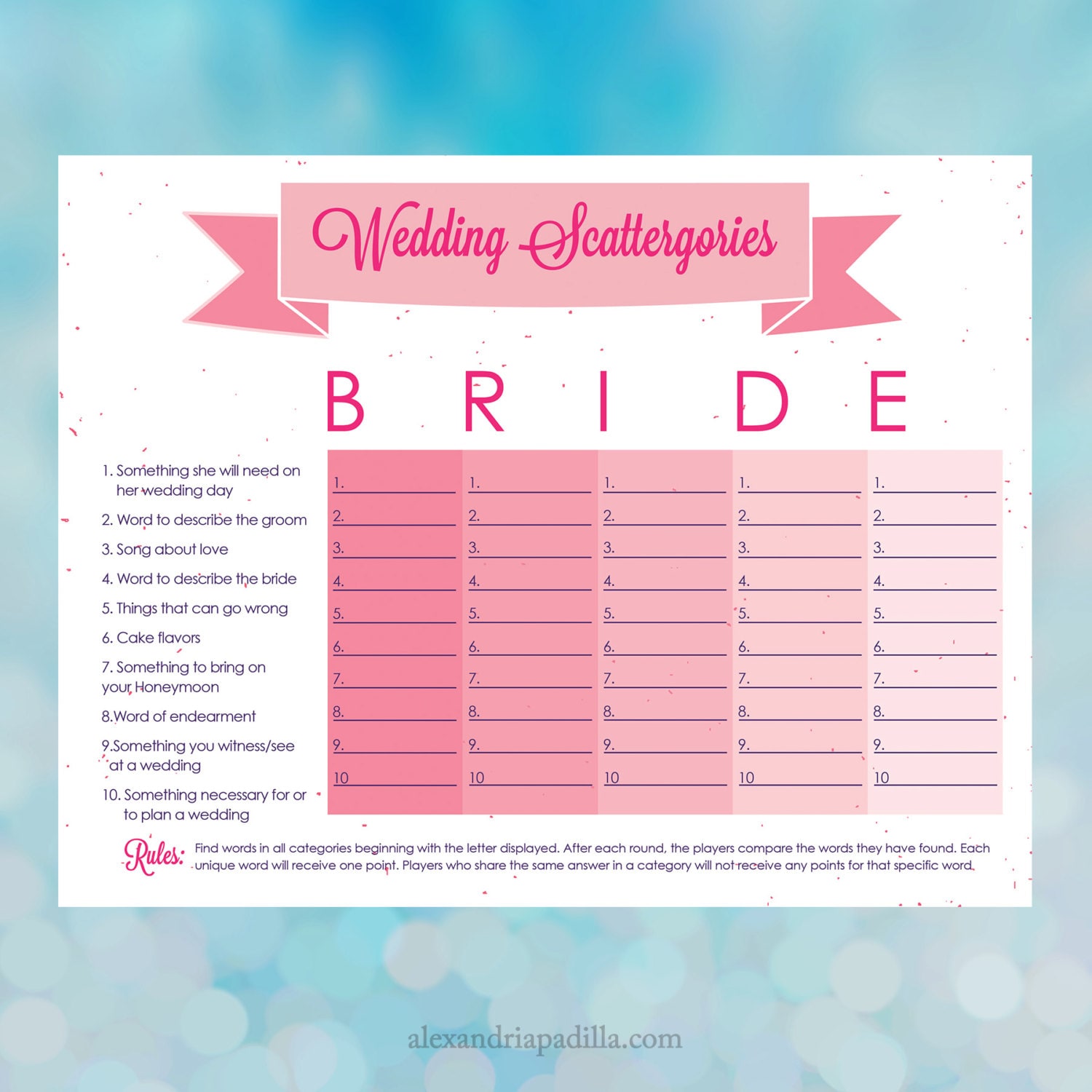 Free Printable Bridal Shower Scattergories Game