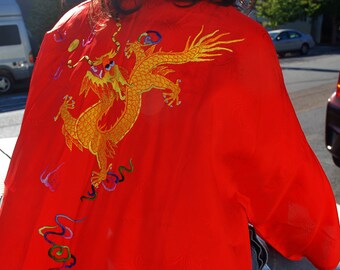 Vintage 70s Red Chinese Kimono Robe with Dragon Embroidery, Golden Bee, Small
