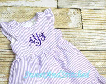 Monogrammed Seersucker dress, toddler dress, baby girl easter dress personalized, toddler beach outfit, Summer outfit, Baby Girl Beach Dress