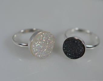 Sterling Silver Druzy Ring in Black or White