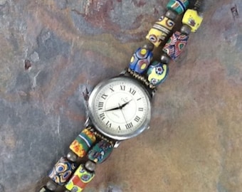 Trade Bead Watch, Vintage African Milliefiore Trade Bead Watch, Milliefiore Watch, Bohemian Watch