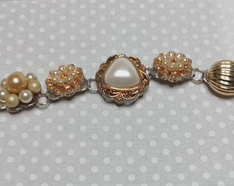 Collage bracelet vintage earring bracelet assemblage earring bracelet gold and white vintage earrings
