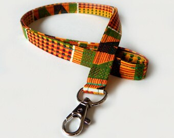 African Kente Lanyard / Rasta / Tribal Keychain / Red Yellow and Green / Key Lanyard / ID Badge Holder / Fabric Lanyard / School Supplies
