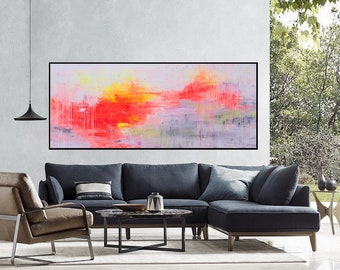 Large painting original Abstract painting Extra large painting on canvas Orange pink art Horizontal painting Canvas art Abstract wall art