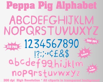 Peppa Pig Full Alphabet, Numbers and Symbols | 219 PNG | 300 dpi | Transparent Background | 3 Colors | Peppa Pig Birthday Party | Pink, Blue