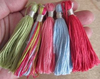 75mm / 3" Tassels, Handmade (by me), DMC Egyptian Cotton, Coloris "Camellia" wrapped with Silver - Available in Sets of 5 & Individually