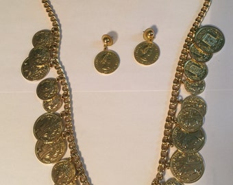 Republique Francaise chain link faux coin long necklace with matching earrings