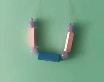 minimal geometric necklace pink and blue rectangles