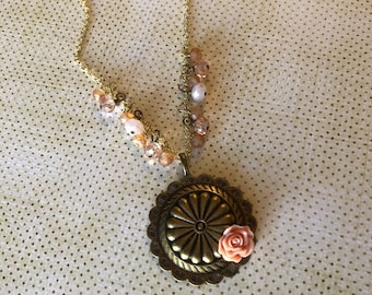 Sante Fe Peach Gold Concho Pendant with Peach Rose and Peachy Czech Glass beads