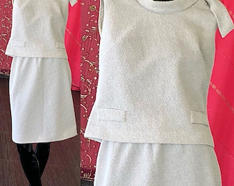 60s Mod Brocade Dress Metallic White Silver Dress Set Small Medium