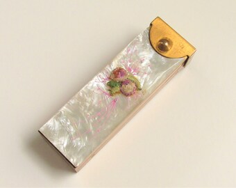 Vintage MOP Floral Lipstick Case Compact Mother of Pearl 1940s 1950s