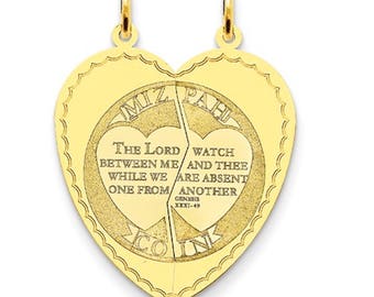 14K Solid Yellow Gold Mizpah Heart 2 Piece Disc Pendant Charm Engraved Personalized Name Initials CZX584