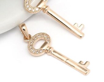 Copper Micro Pave Pendants Key Rose Gold Clear Cubic Zirconia 1 1/8"x 3/8"