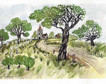 Original Pen and Ink with Watercolor Painting - Church and Cemetery at the End of the Lane - Original Art - Not a Print
