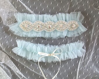 SALE Light Blue Silk Tulle Rhinestone Crystal Garter Set Something Blue ,Ballerina Ruffles Tutu Bridal Lingerie Wedding Baby Blue Garter