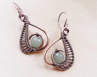 Wire wrap aventurine earrings, copper wire earrings handmade, copper wire jewelry green stone earrings copper, copper earrings aventurine