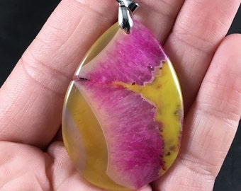 Yellow and Pink Druzy Agate Stone Pendant Necklace