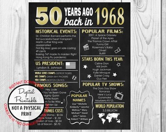 1968 The Year You Were Born, 50th Birthday Poster Sign, Back in 1968 Chalkboard Style Poster, Printable, 1968 Facts, 50 years ago, Gold