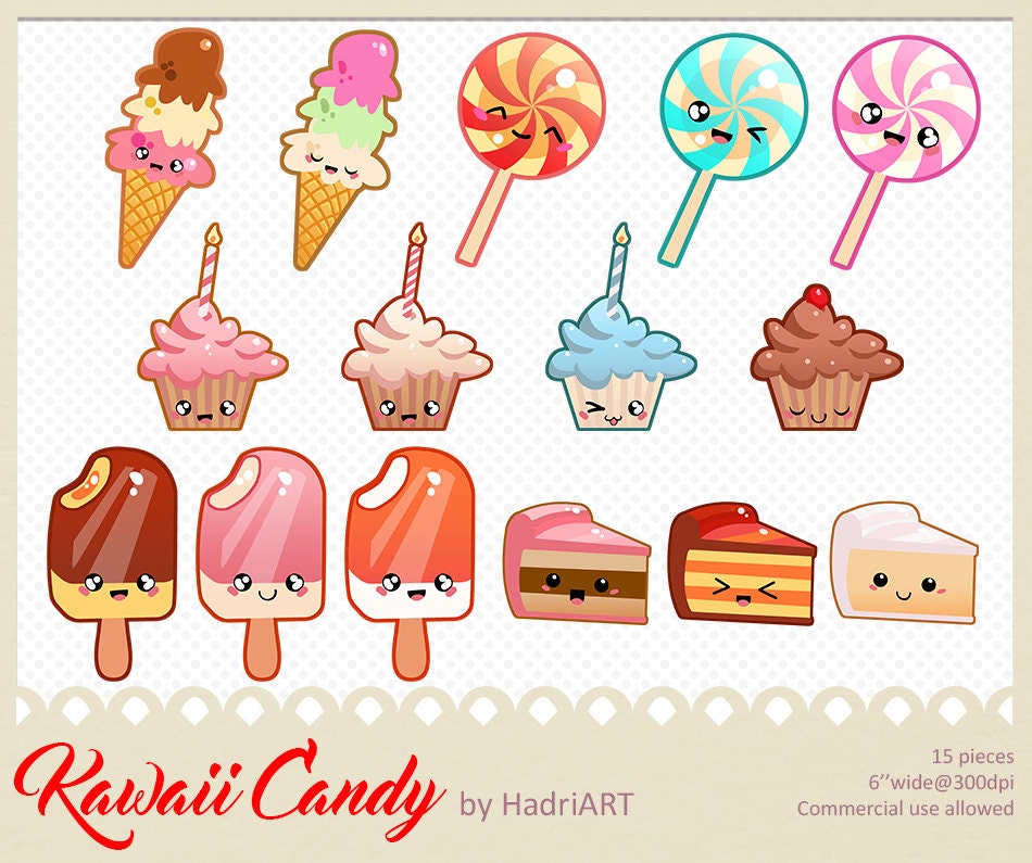 Dulces kawaii Clip Art con helados paletas pastel Cupcake y