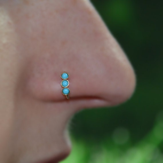 Solid Gold Nose Ring 20g - Tragus Ring Turquoise - Forward Helix Earring - Cartilage Earring - Rook Jewelry - Daith Jewelry - Conch Earring