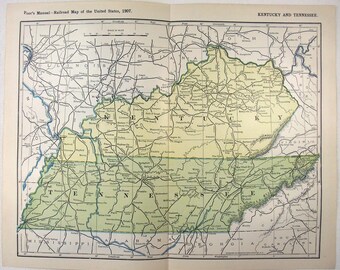 Original 1907 Railroad Map of Kentucky & Tennessee. Antique Original