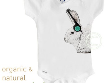 Organic baby clothes, headphones bunny, cool, hipster onesie, baby boy or girl, dj, hip hop