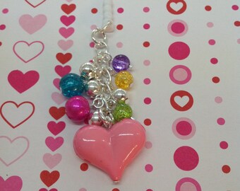 Pink Heart cell phone charm, cell phone dust plug, iphone charm, headphone jack charm, dust plug charm, dust plug, phone charm, ipad