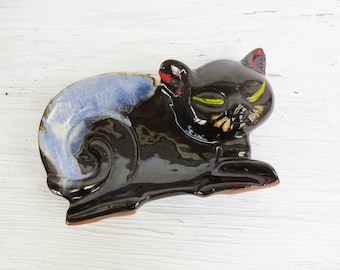 Cat Trinket Dish or Figurine- Black and Blue Cat Dish- 5 1/2"