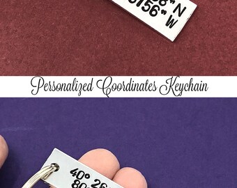 Coordinates Keychain Hand Stamped Aluminum Silver Color Gift Longitude Latitude Favorite Place Map Location Personalized Gift - Christmas