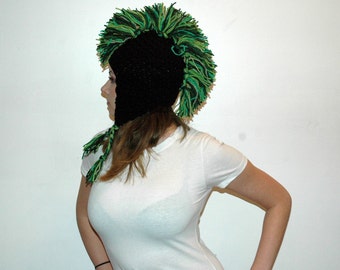 Green and Black Mohawk Ear Flap Hat Handmade Christmas Gift Ready to ship