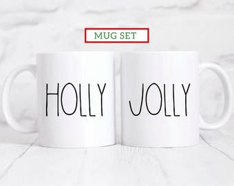 Holly Jolly Mug Set / Farmhouse Christmas Mug Set / Farmhouse Style Holiday Mug / Christmas Cup / Christmas Coffee Mugs / Rae Dunn Inspired