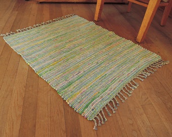 Hand Woven Rag Rug Pink Green Cotton 27" x 32"