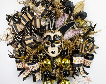 XL Mardi Gras Wreath, New Orleans Wreath, Black Gold Mardi Gras Wreath, Venetian Jester Wreath, Fleur de Lis Wreath, Mardi Gras Decor