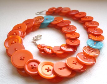 Orange with aquamarine button necklace Button Jewellery Button Jewelry UK Handmade