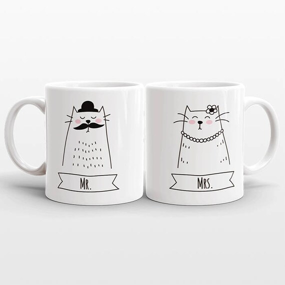 MR and MRS Mugs Set of 2 Two Personalized Gift Idea for Couple Mugs Wedding Gift for Couple Gift Engagement Gift Cat Mugs Animal Coffee Mugs