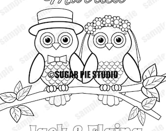 Personalized Printable Owls Bride Groom Wedding Party Favor Childrens Kids Coloring Page Activity PDF Or JPEG File